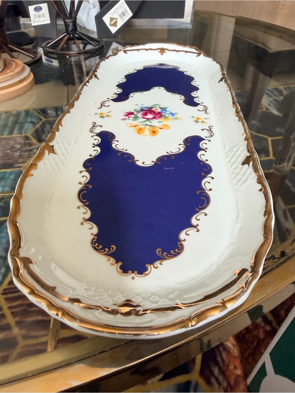 Diamond Collection Fine China Blue Gold Floral Oval Serving Platter